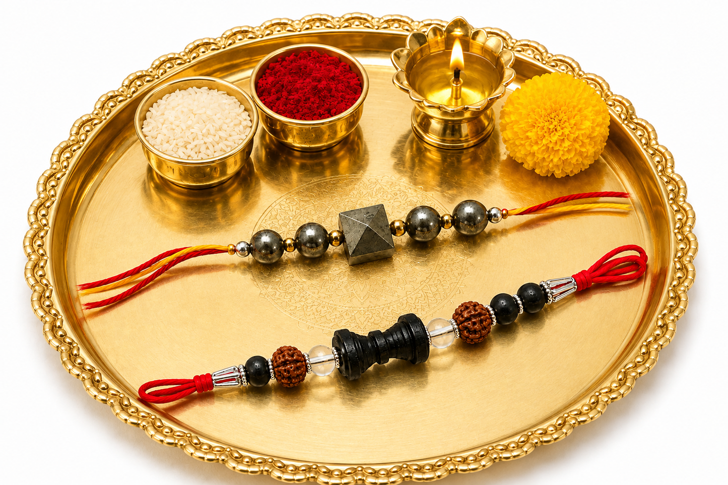 Premium Rakhi Combo Pack of 2 | Golden Pyrite & Rudraksha Designer Rakhi Set