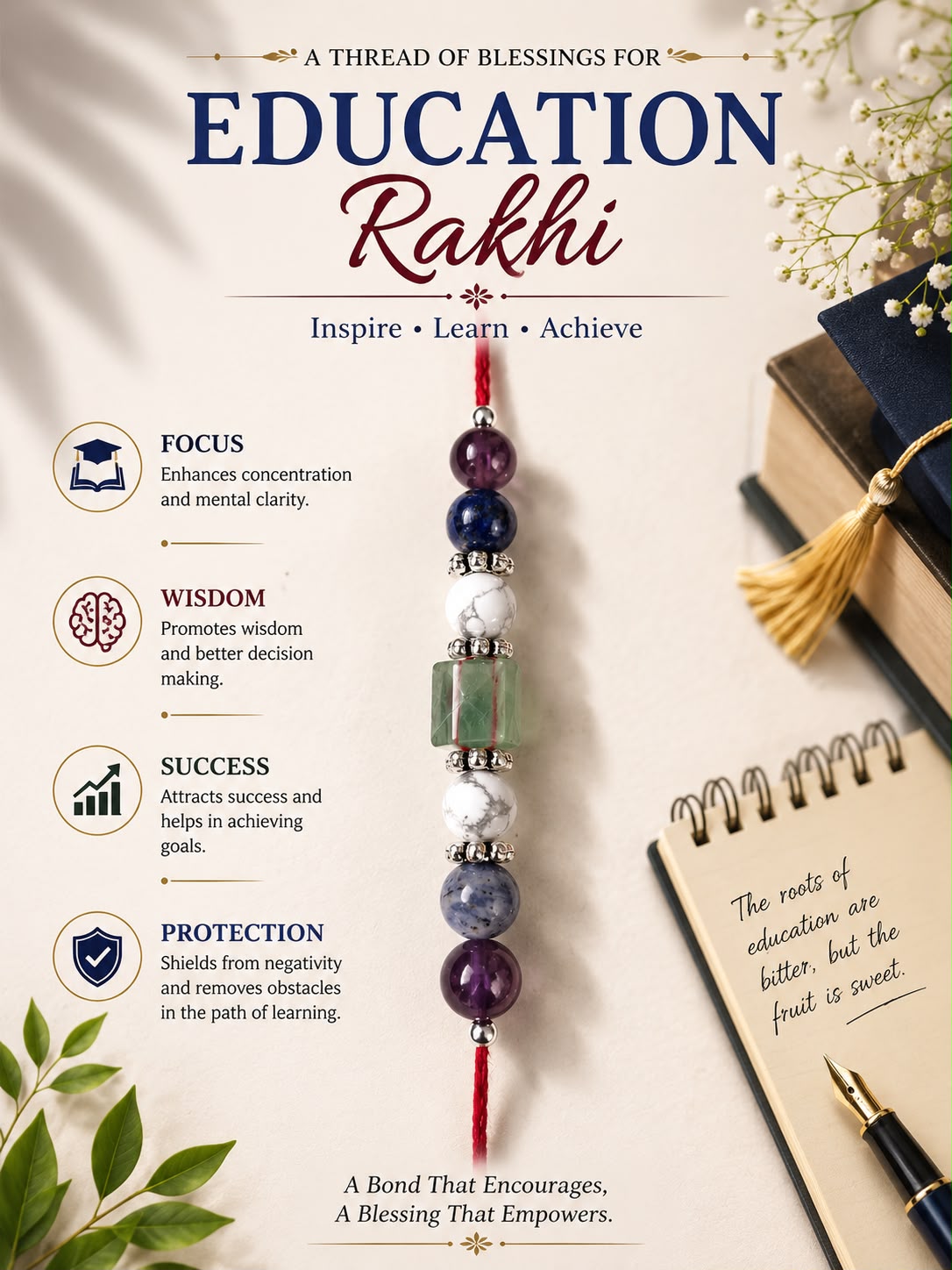 Education Rakhi for Brother | Focus, Wisdom & Success Natural Stone Rakhi