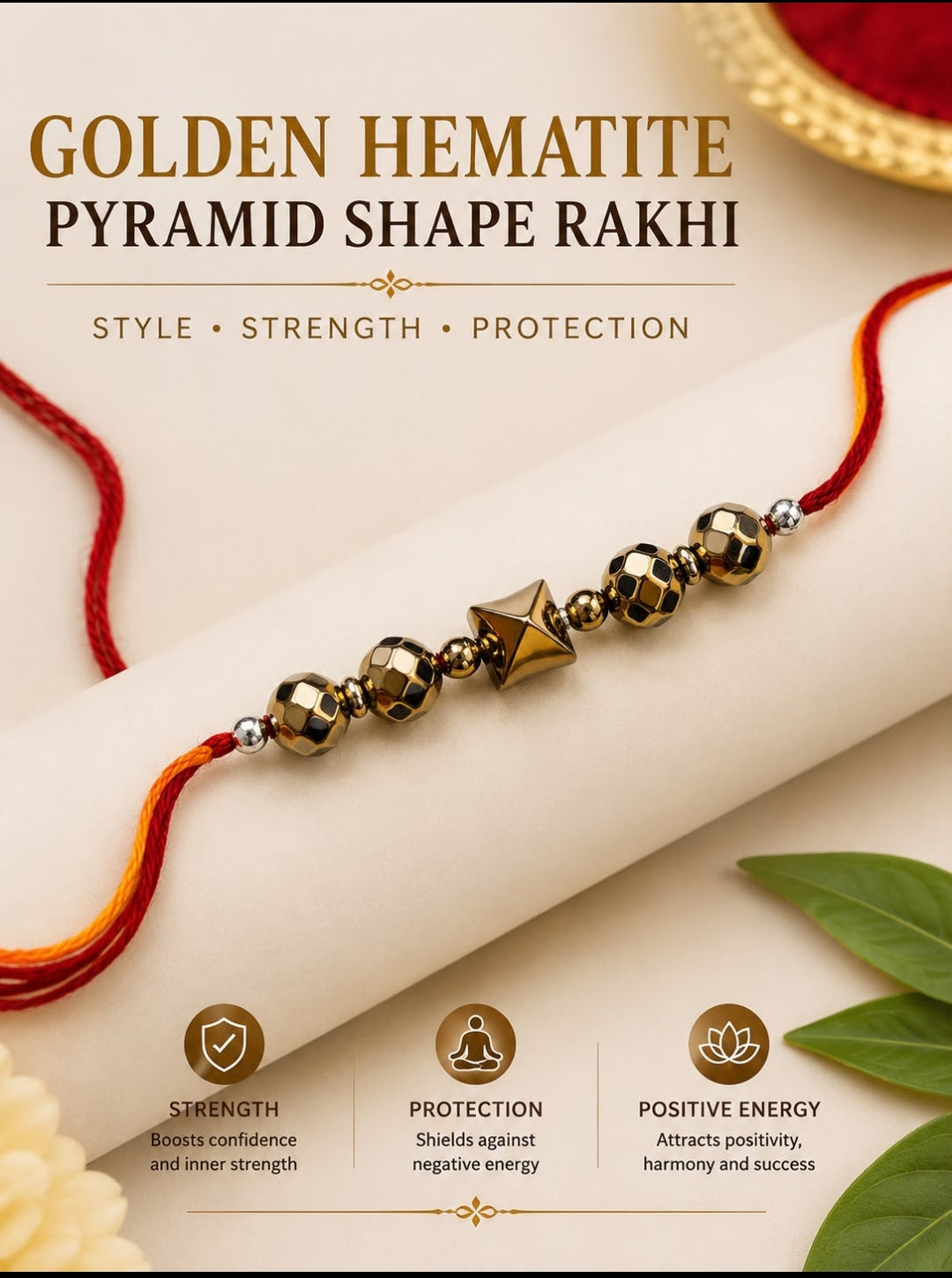 Hematite Golden Rakhi for Brother | Prosperity, Protection & Strength | Handmade Raksha Bandhan Rakhi