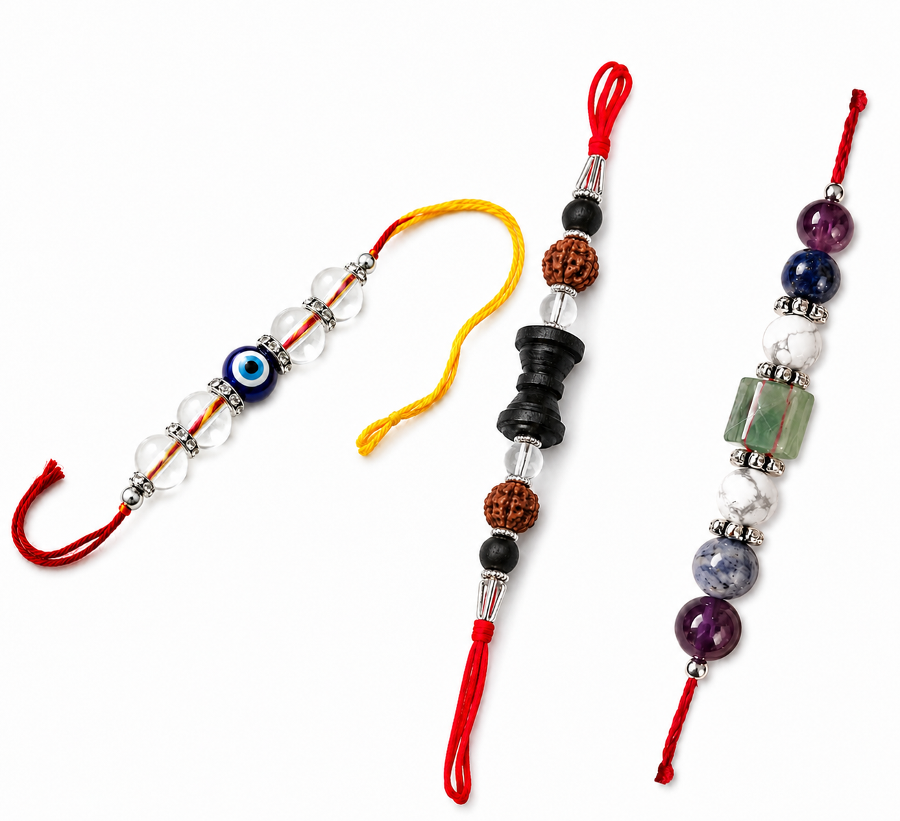 Premium Rakhi Combo Pack of 3 | Evil Eye, Rudraksha & Natural Crystal Designer Rakhi Set
