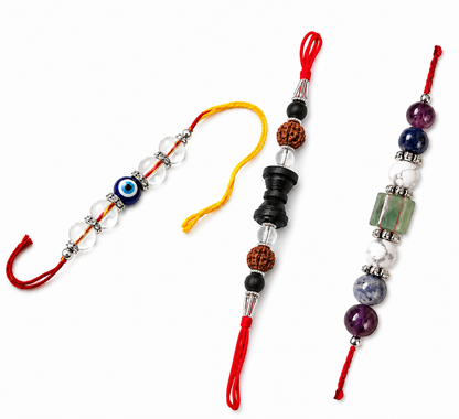 Premium Rakhi Combo Pack of 3 | Evil Eye, Rudraksha & Natural Crystal Designer Rakhi Set