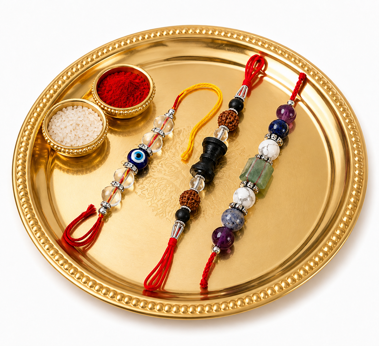 Premium Rakhi Combo Pack of 3 | Evil Eye, Rudraksha & Natural Crystal Designer Rakhi Set