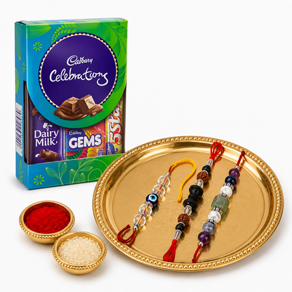 Premium Rakhi Combo Pack of 3 | Evil Eye, Rudraksha & Natural Crystal Designer Rakhi Set