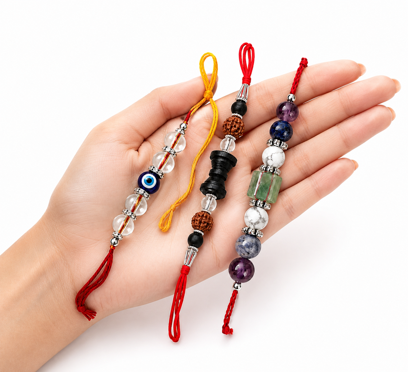 Premium Rakhi Combo Pack of 3 | Evil Eye, Rudraksha & Natural Crystal Designer Rakhi Set