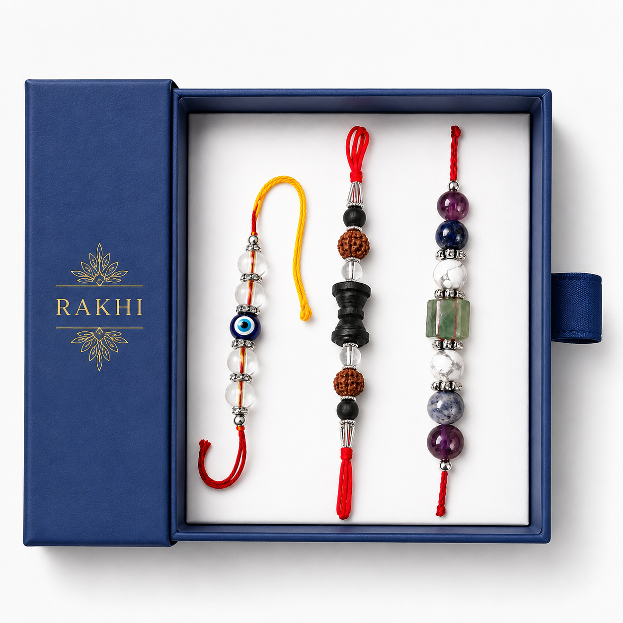 Premium Rakhi Combo Pack of 3 | Evil Eye, Rudraksha & Natural Crystal Designer Rakhi Set