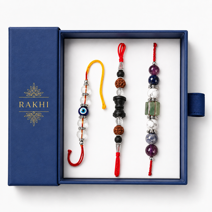 Premium Rakhi Combo Pack of 3 | Evil Eye, Rudraksha & Natural Crystal Designer Rakhi Set