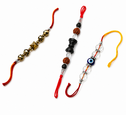 Premium Rakhi Combo Pack of 3 | Evil Eye, Rudraksha & Golden Pyrite Designer Rakhi Collection