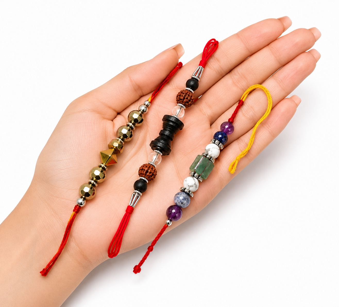 Premium Rakhi Combo Pack of 3 | Evil Eye, Rudraksha & Golden Pyrite Designer Rakhi Collection