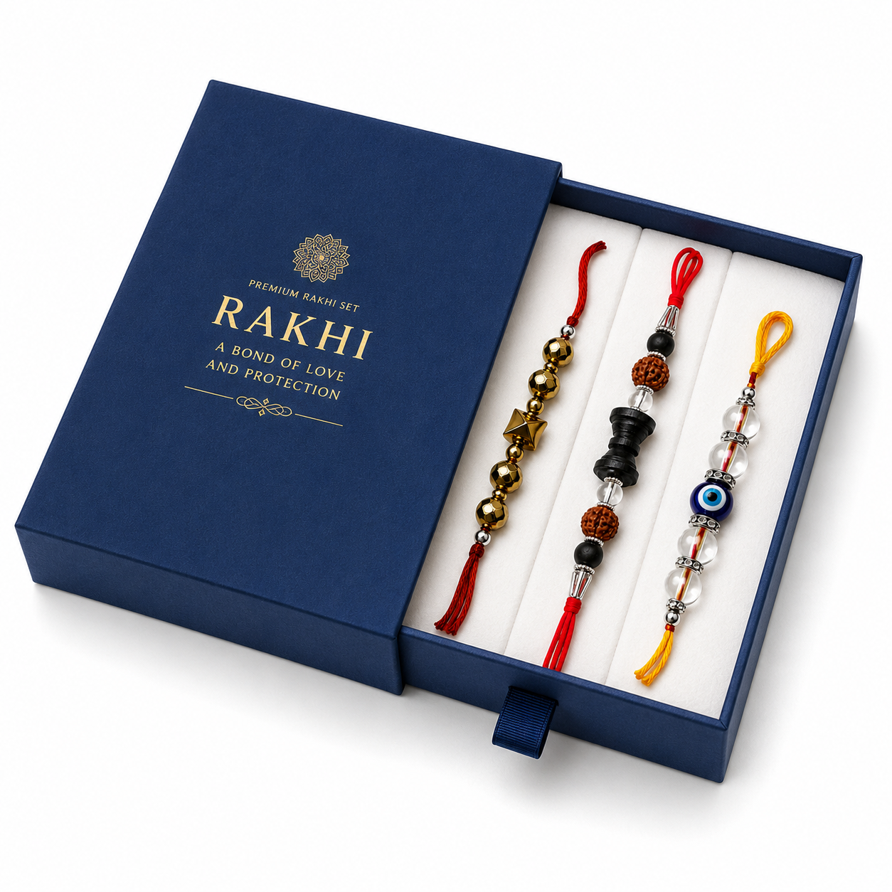 Premium Rakhi Combo Pack of 3 | Evil Eye, Rudraksha & Golden Pyrite Designer Rakhi Collection