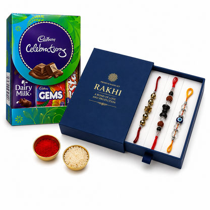 Premium Rakhi Combo Pack of 3 | Evil Eye, Rudraksha & Golden Pyrite Designer Rakhi Collection