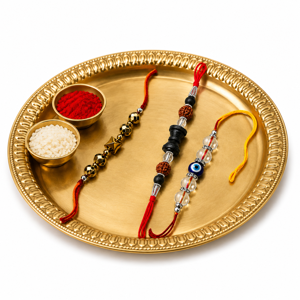 Premium Rakhi Combo Pack of 3 | Evil Eye, Rudraksha & Golden Pyrite Designer Rakhi Collection
