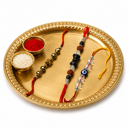 Premium Rakhi Combo Pack of 3 | Evil Eye, Rudraksha & Golden Pyrite Designer Rakhi Collection