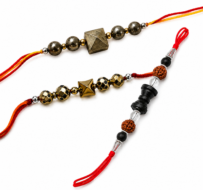 Premium Spiritual Rakhi Combo Set of 3 – Pyrite, Rudraksha & Hematite Designer Rakhis