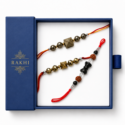 Premium Spiritual Rakhi Combo Set of 3 – Pyrite, Rudraksha & Hematite Designer Rakhis