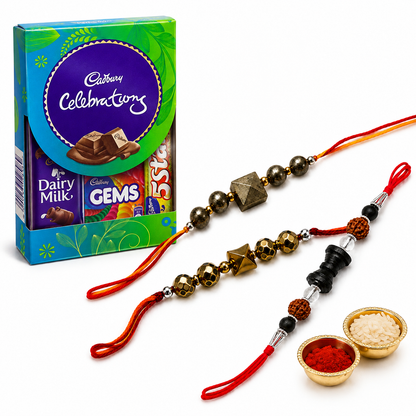 Premium Spiritual Rakhi Combo Set of 3 – Pyrite, Rudraksha & Hematite Designer Rakhis