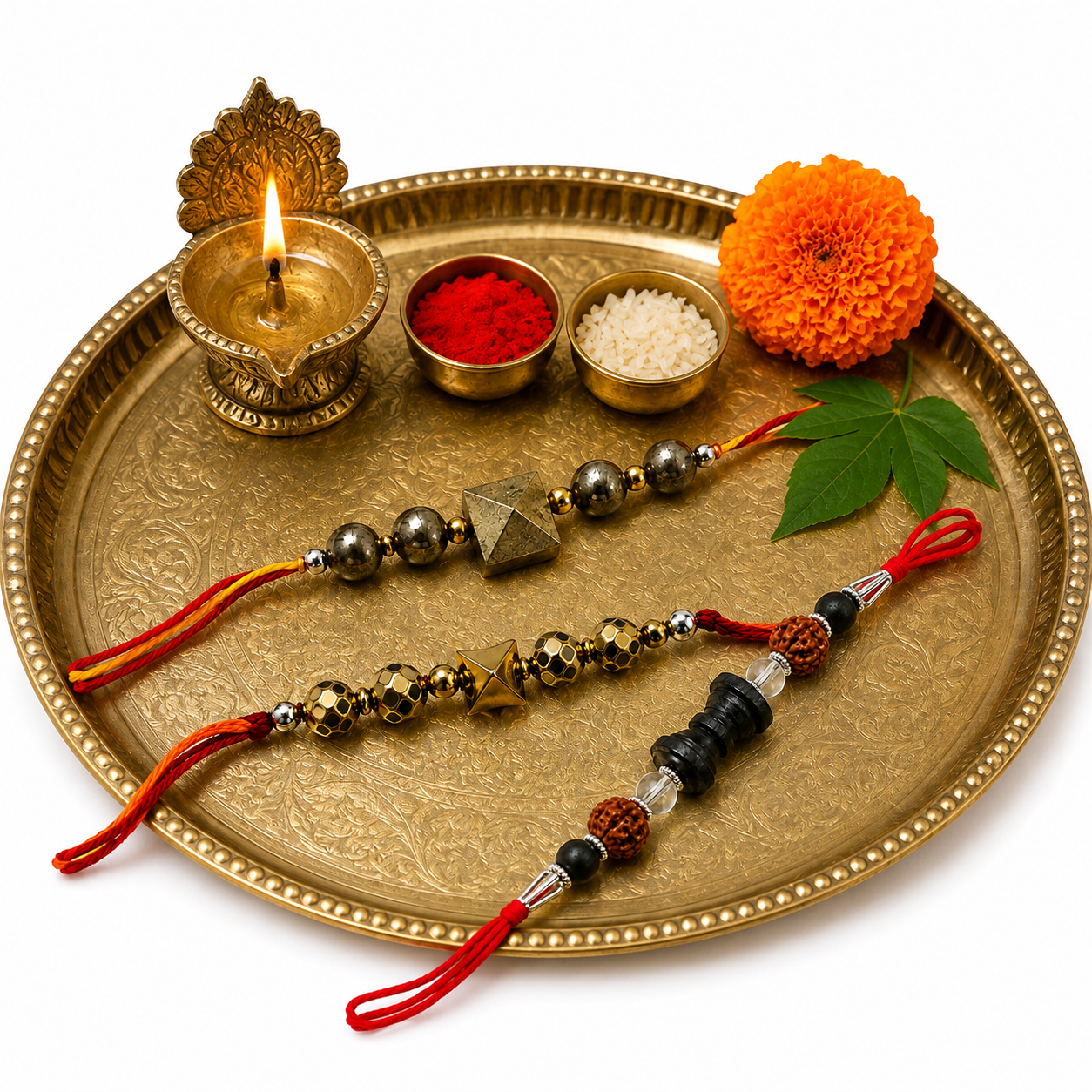 Premium Spiritual Rakhi Combo Set of 3 – Pyrite, Rudraksha & Hematite Designer Rakhis
