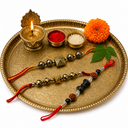 Premium Spiritual Rakhi Combo Set of 3 – Pyrite, Rudraksha & Hematite Designer Rakhis
