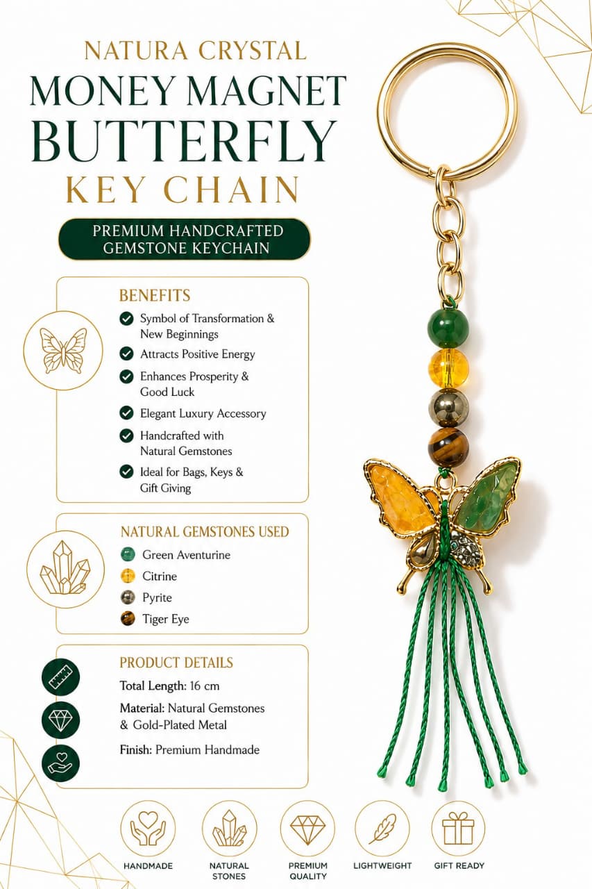 Natural Crystal Money Magnet Butterfly Key Chain | Green Aventurine, Citrine, Pyrite & Tiger Eye
