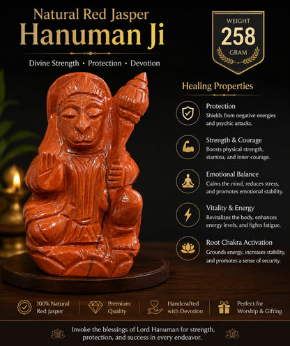 Premium Red Jasper Hanuman Ji Idol – Spiritual Strength, Protection & Devotion