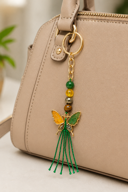 Natural Crystal Money Magnet Butterfly Key Chain | Green Aventurine, Citrine, Pyrite & Tiger Eye
