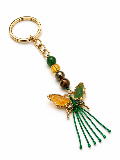 Natural Crystal Money Magnet Butterfly Key Chain | Green Aventurine, Citrine, Pyrite & Tiger Eye