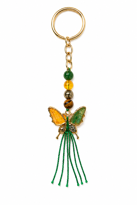 Natural Crystal Money Magnet Butterfly Key Chain | Green Aventurine, Citrine, Pyrite & Tiger Eye