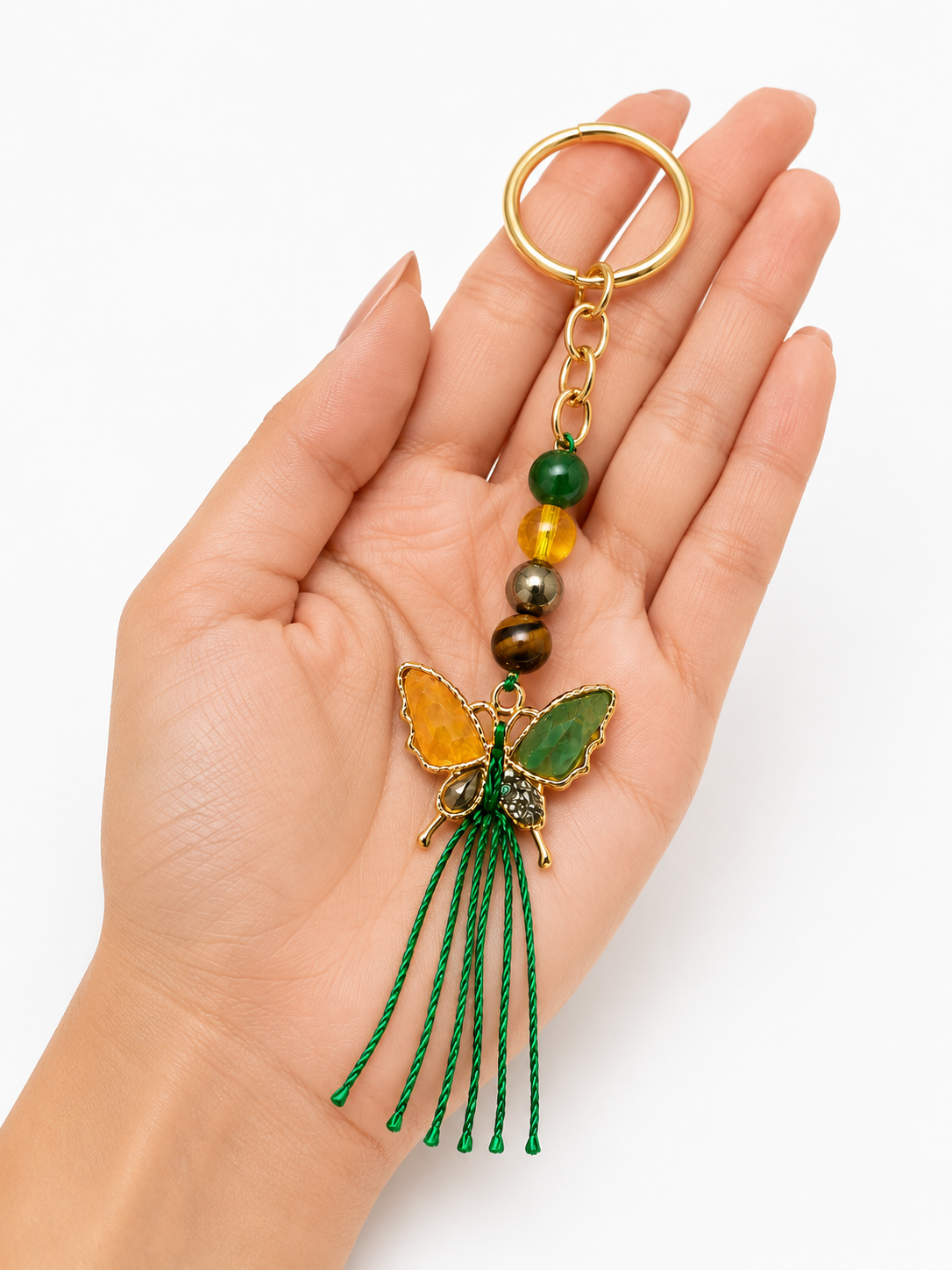 Natural Crystal Money Magnet Butterfly Key Chain | Green Aventurine, Citrine, Pyrite & Tiger Eye