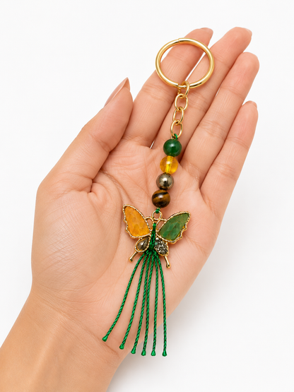 Natural Crystal Money Magnet Butterfly Key Chain | Green Aventurine, Citrine, Pyrite & Tiger Eye
