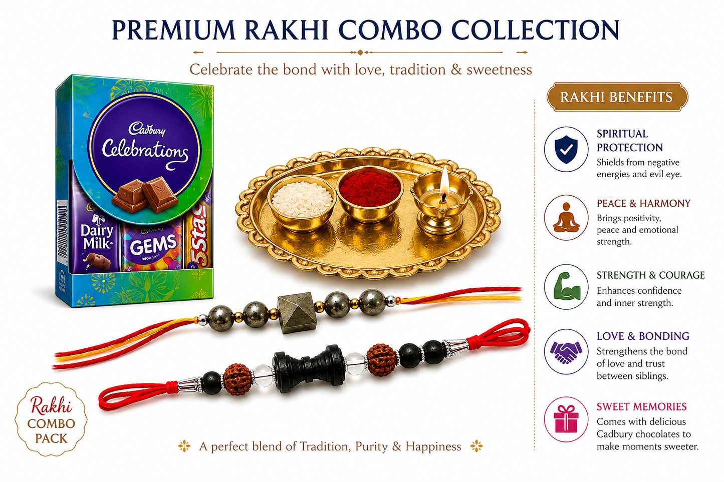 Premium Rakhi Combo Pack of 2 | Golden Pyrite & Rudraksha Designer Rakhi Set