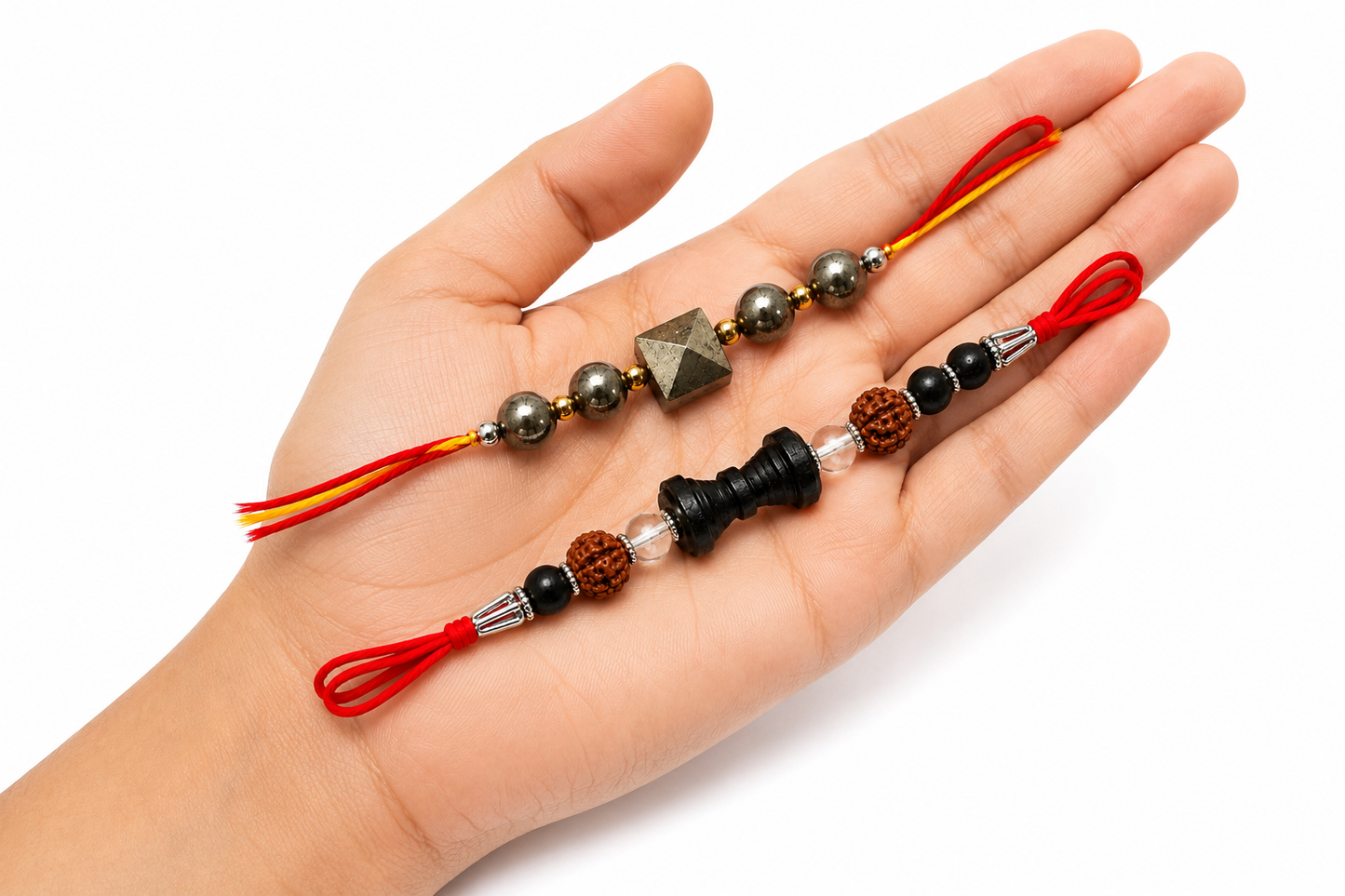 Premium Rakhi Combo Pack of 2 | Golden Pyrite & Rudraksha Designer Rakhi Set